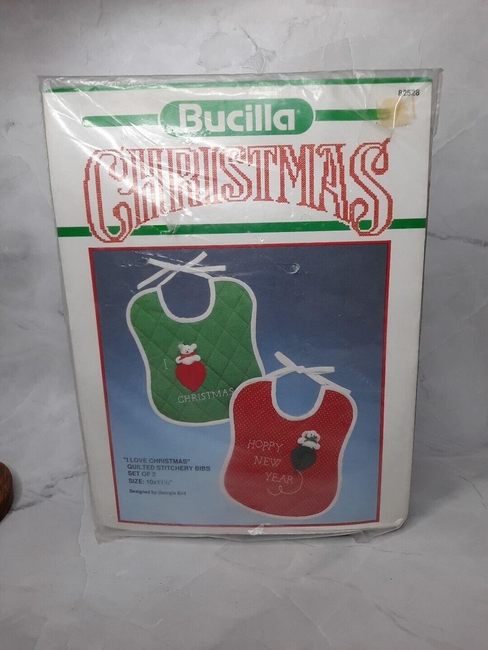 Vintage Bucilla Christmas Quilted Stitchery Bibs Kit Set of 2 I love Christmas
